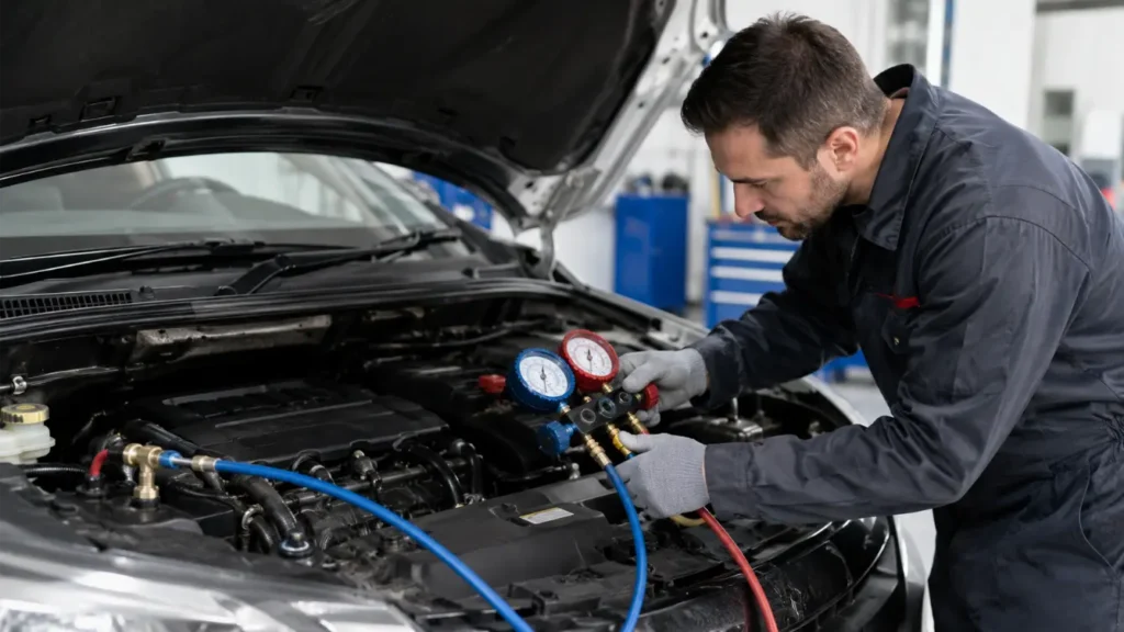 Automotive technician checking a car air-conditioning system with pressure gauges during an A/C diagnostic inspection