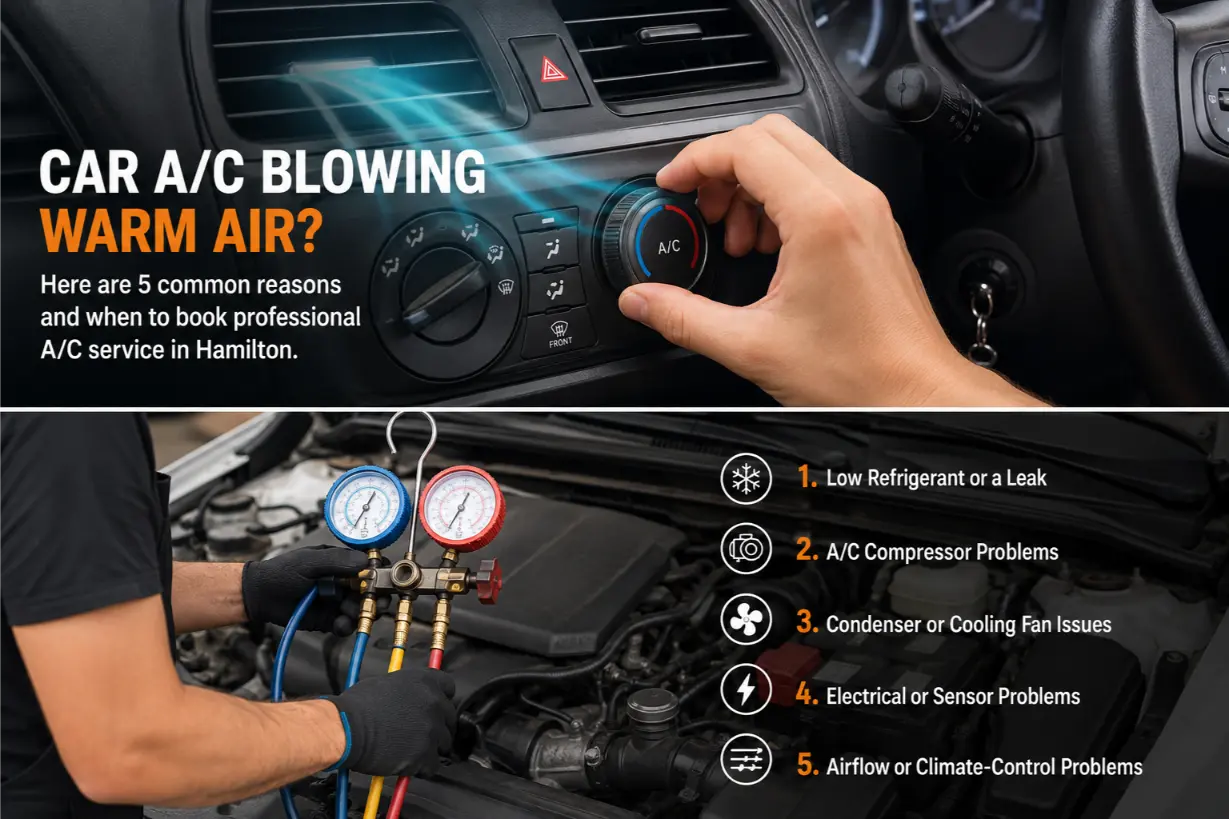 Mechanic inspecting vehicle air conditioning system in a repair shop