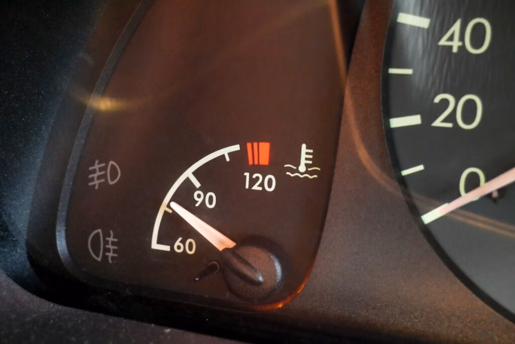 Car coolant temperature gauge indicating engine temperature
