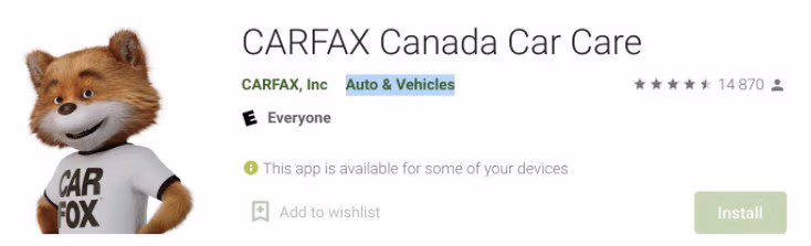 Car maintenance app icons on a smartphone screen related to carfax Canada