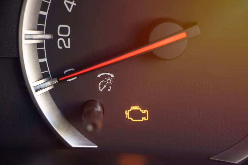 Dashboard check engine light illuminated in vehicle