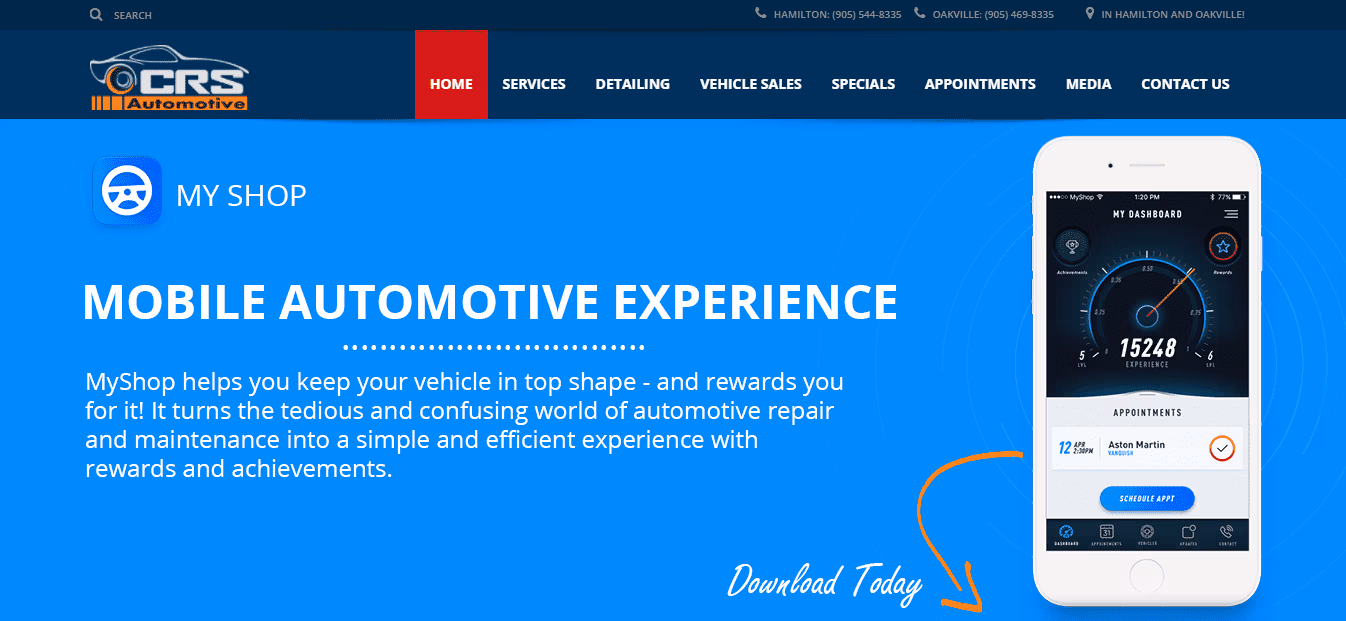 CRS Automotive homepage screenshot showing car maintenance services and appointment booking