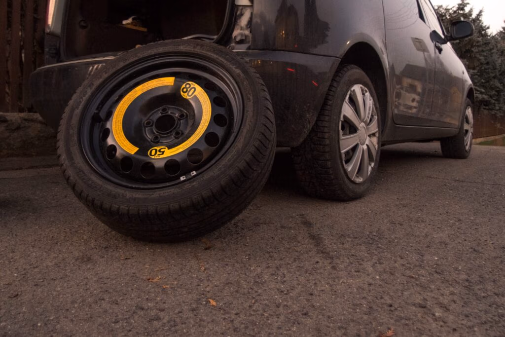 Driver repairing a punctured tire on the roadside near Hamilton