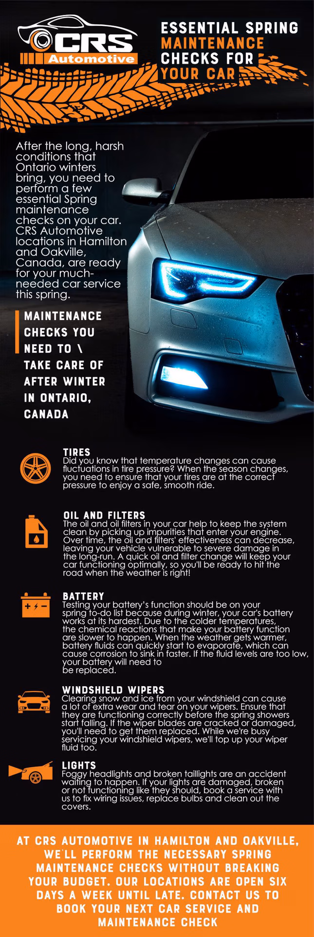 Spring vehicle maintenance infographic – CRS Automotive Infographic summarizing essential spring vehicle maintenance tips from CRS Automotive in Hamilton
