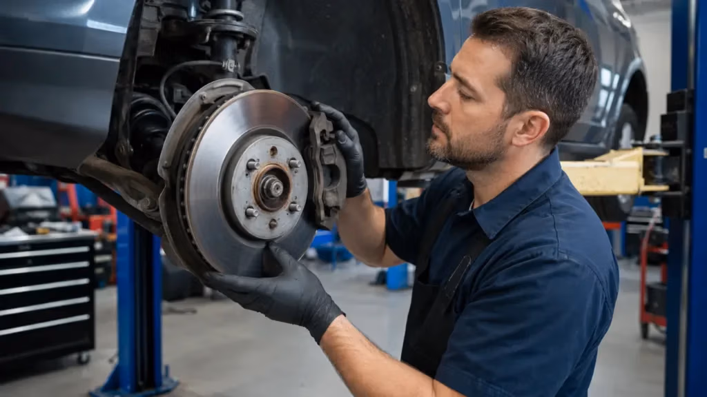 Technician inspecting a vehicle in an auto repair shop at CRS Automotive in Hamilton