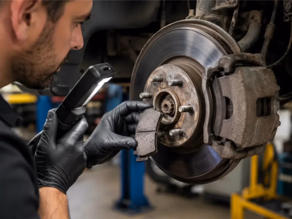 Mechanic examining a worn brake pad beside the brake rotor during a vehicle brake inspection