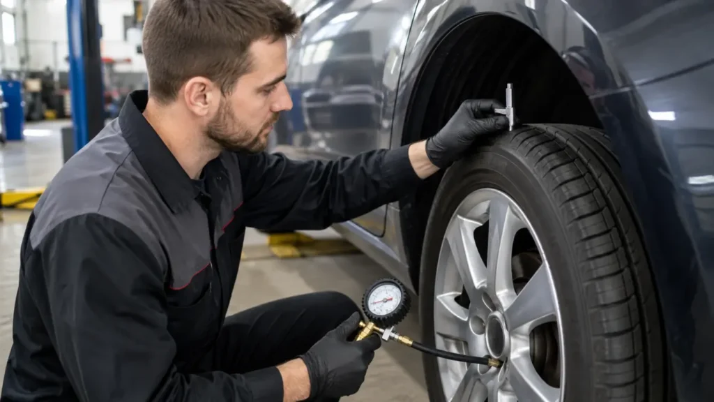 Checking tire pressure before a road trip Person checking tire pressure before a long road trip from Hamilton