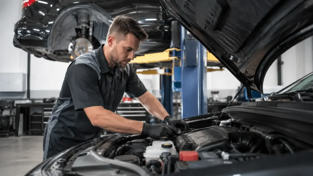 Pre-trip engine and fluid inspection Technician checking engine fluids before a long drive