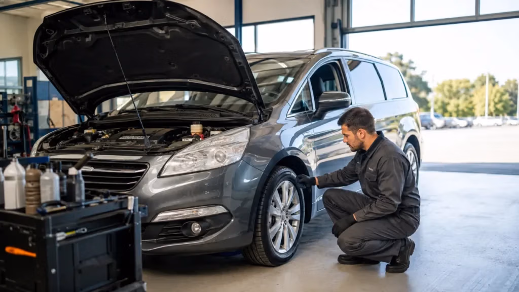 Technician performing pre-trip inspection on a vehicle at CRS Automotive in Hamilton