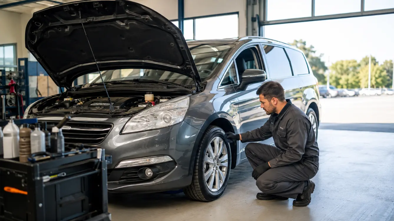 Technician performing pre-trip inspection on a vehicle at CRS Automotive in Hamilton