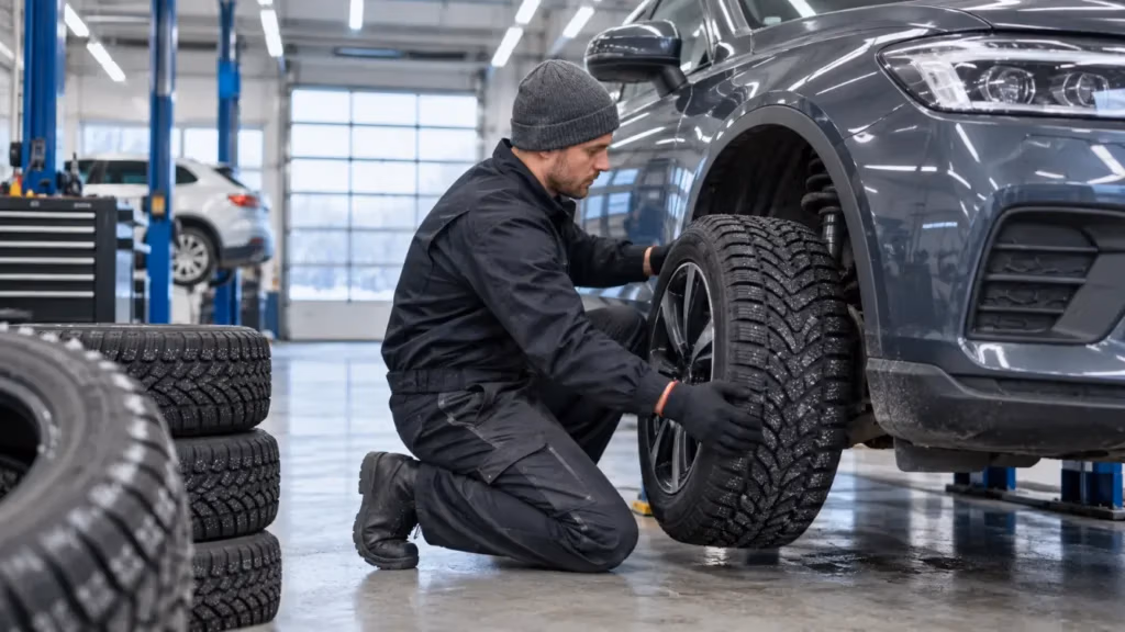 Mechanic installing winter tires on a vehicle before winter driving season in Hamilton