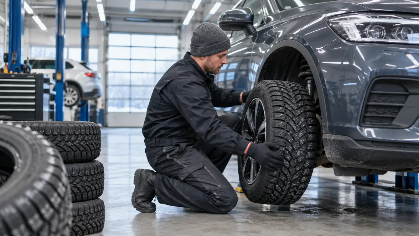 Mechanic installing winter tires on a vehicle before winter driving season in Hamilton