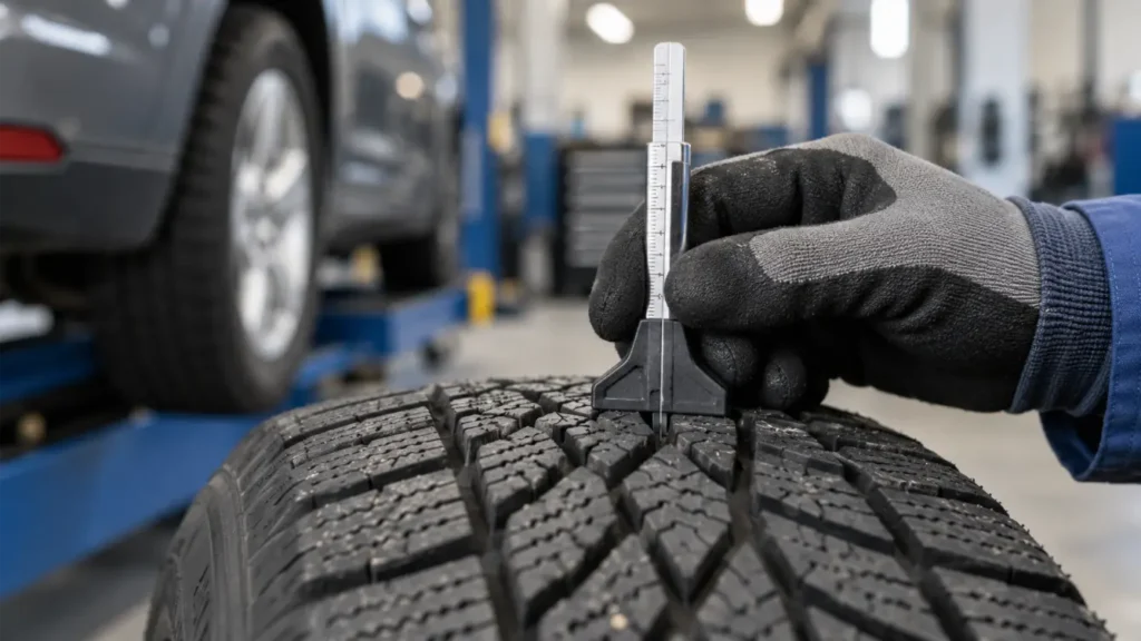 Technician checking winter tire tread depth before seasonal installation