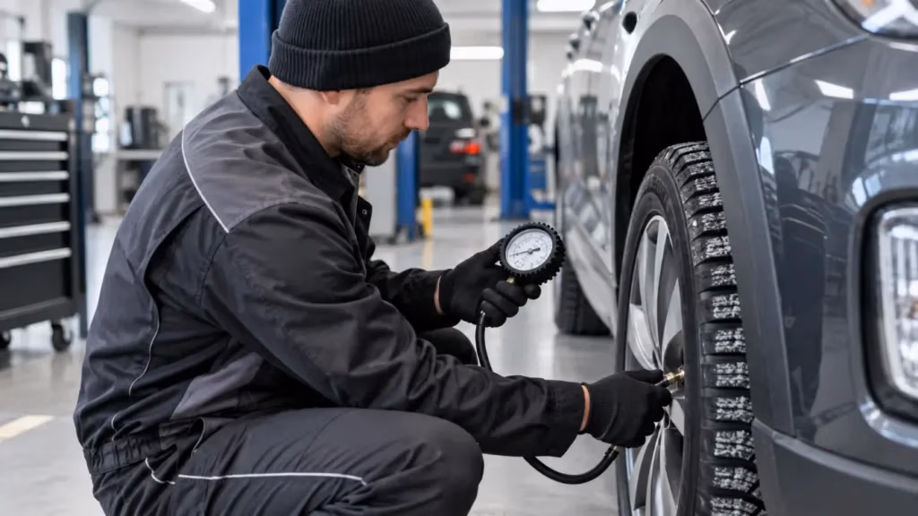 Automotive technician checking winter tire pressure during a seasonal tire change
