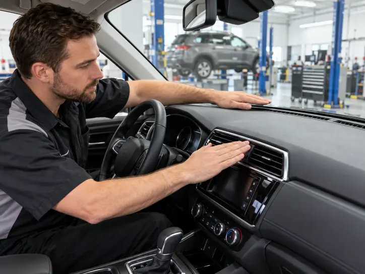 Technician testing car heater and defrost airflow during a winter HVAC inspection