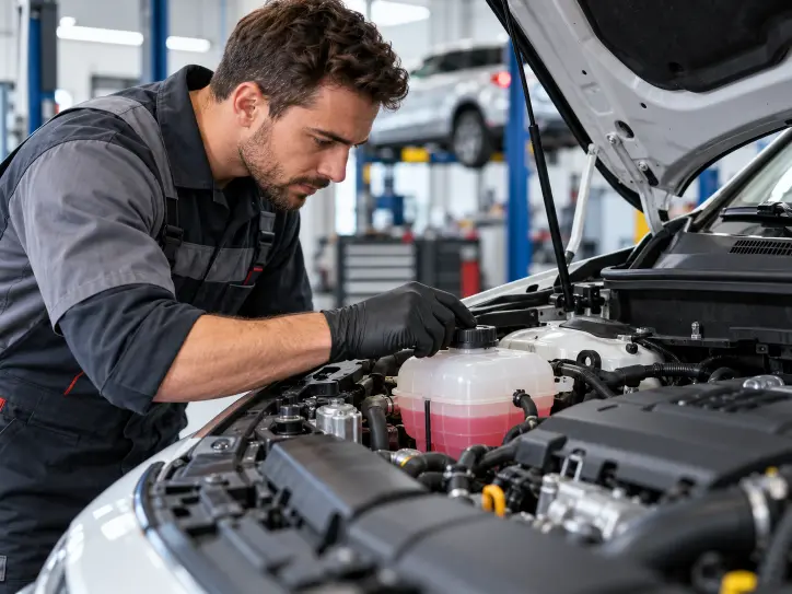 Technician checking coolant level as part of winter car heater diagnostics
