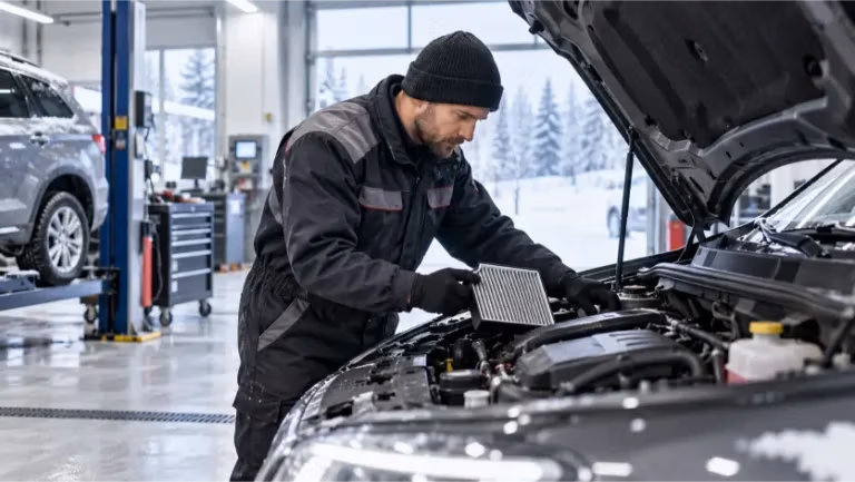 Mechanic inspecting a vehicle heating system before winter driving in Hamilton