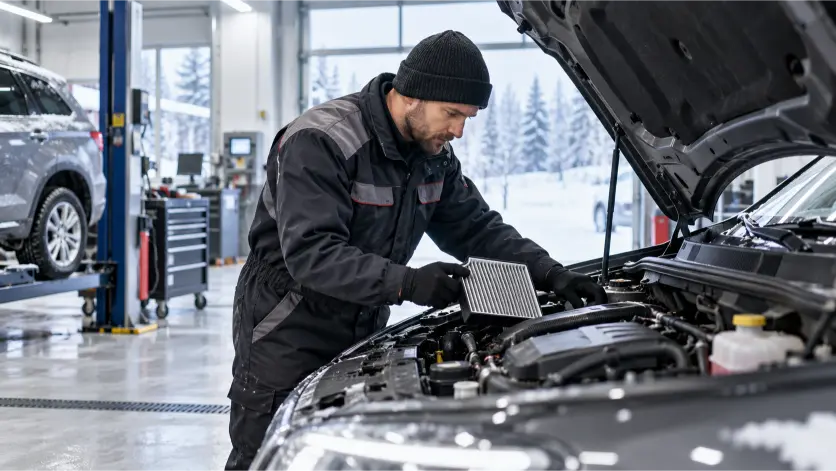 Mechanic inspecting a vehicle heating system before winter driving in Hamilton